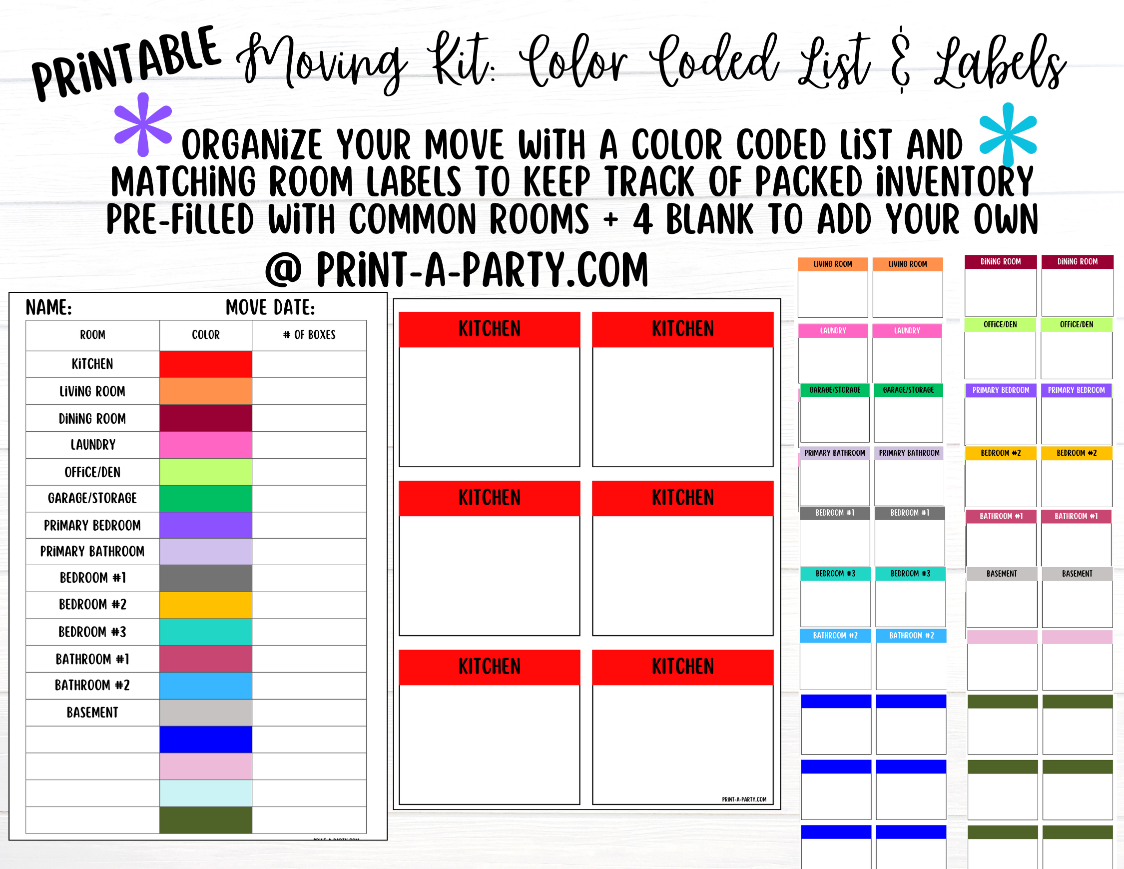 MOVING KIT: Color Coded Room Pre-filled Moving Box Labels (18) | Main ...