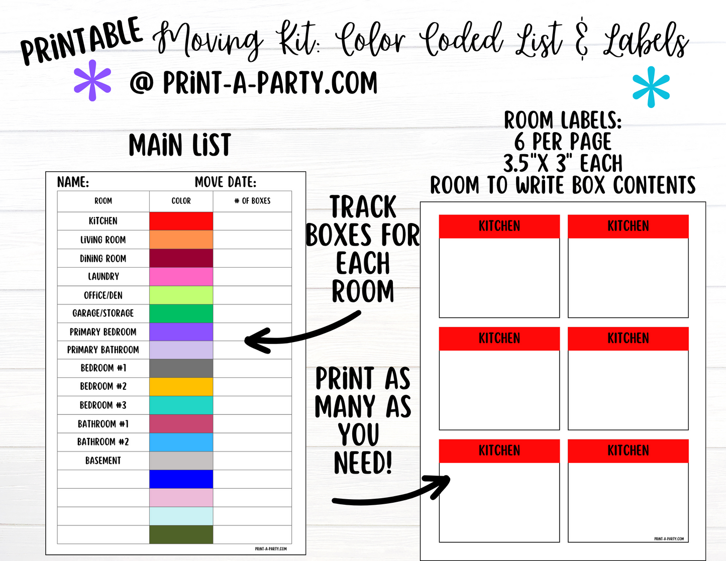 MOVING ORGANIZATION KIT: Pre-Filled Color Coded Moving Box Labels (18) | Main Tracking List | INSTANT DOWNLOAD - Have an organized move!