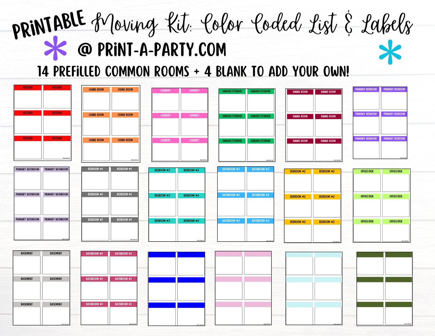 MOVING ORGANIZATION KIT: Pre-Filled Color Coded Moving Box Labels (18) | Main Tracking List | INSTANT DOWNLOAD - Have an organized move!