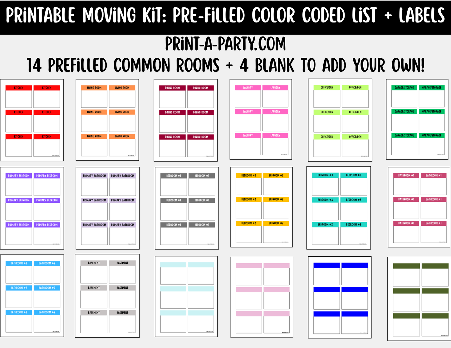 Moving Organization: Pre-Filled Color-Coded Moving Box Labels Kit – 18 Rooms + Tracking List (Instant Download)