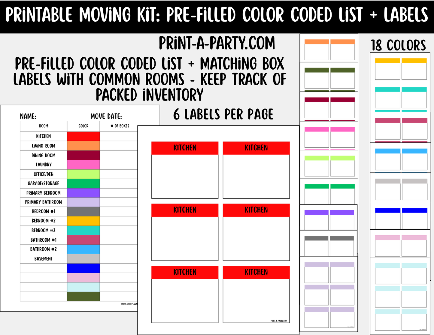 Moving Organization: Pre-Filled Color-Coded Moving Box Labels Kit – 18 Rooms + Tracking List (Instant Download)