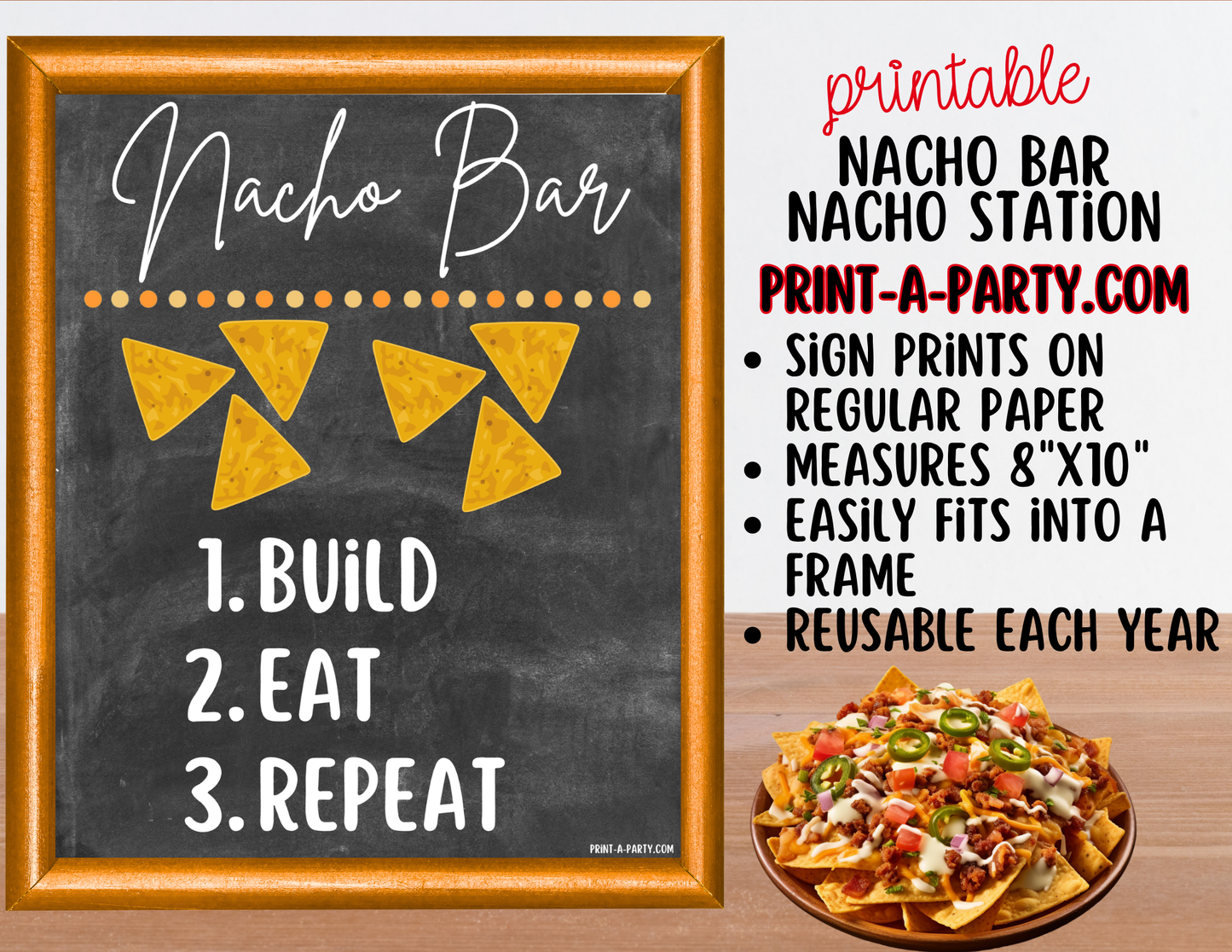 Nacho Bar Printable Sign (8x10) & Topping Tent Cards - Party Buffet Decor