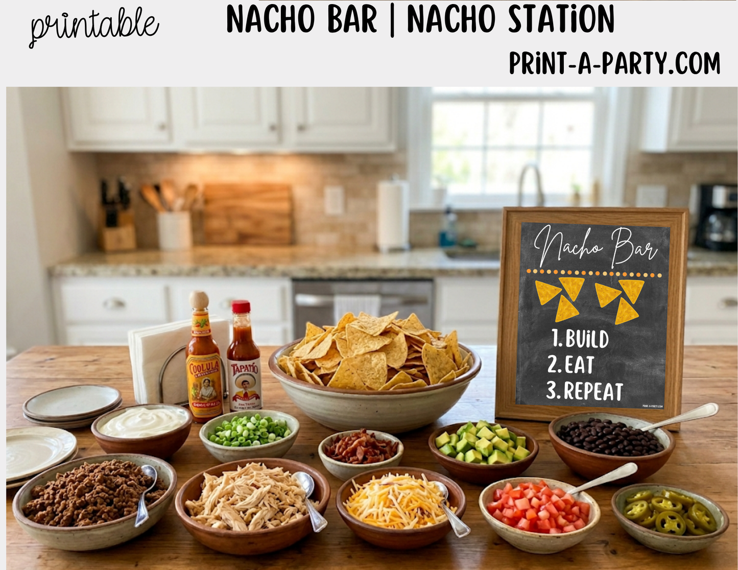 Nacho Bar Printable Sign (8x10) & Topping Tent Cards - Party Buffet Decor