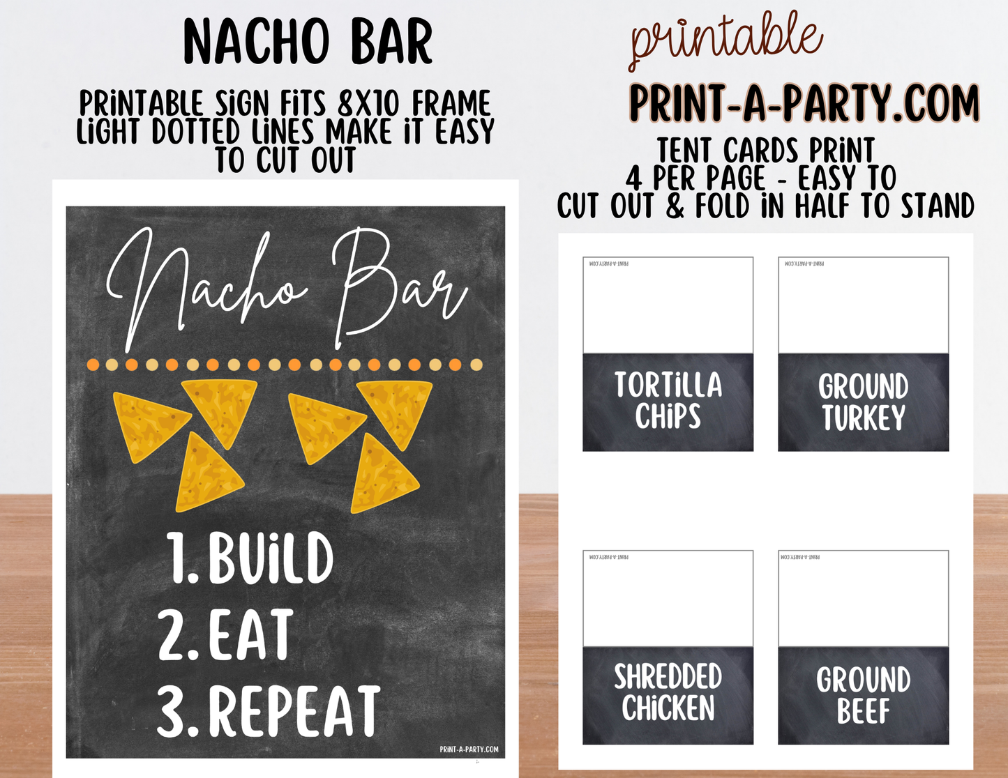 Nacho Bar Printable Sign (8x10) & Topping Tent Cards - Party Buffet Decor