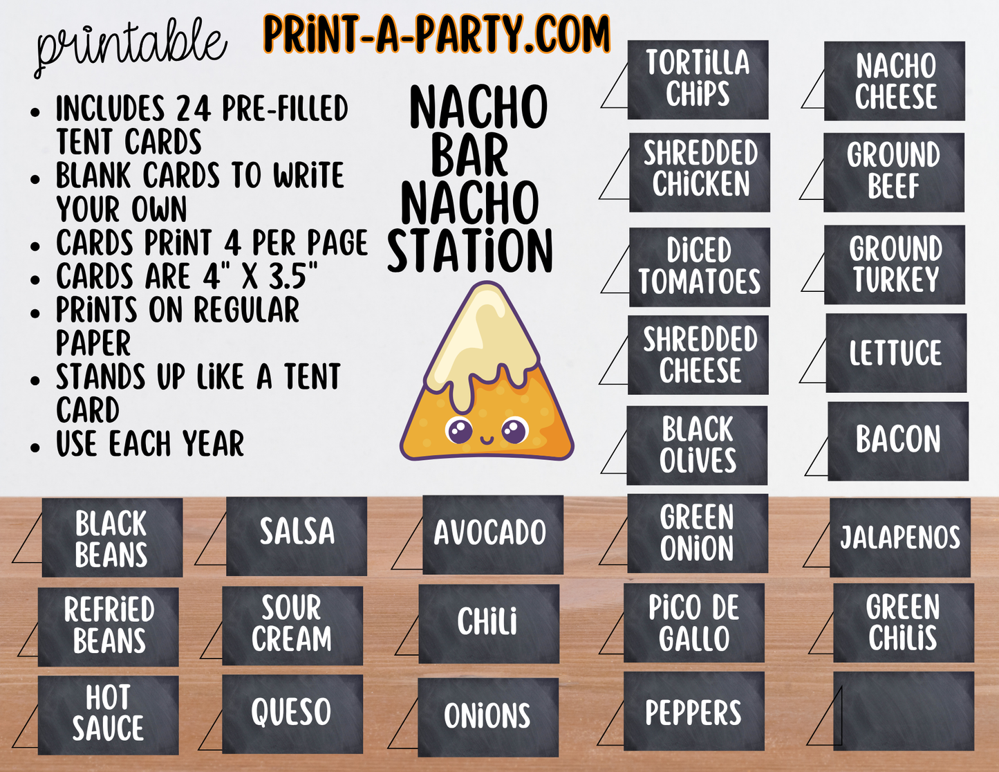 Nacho Bar Printable Sign (8x10) & Topping Tent Cards - Party Buffet Decor