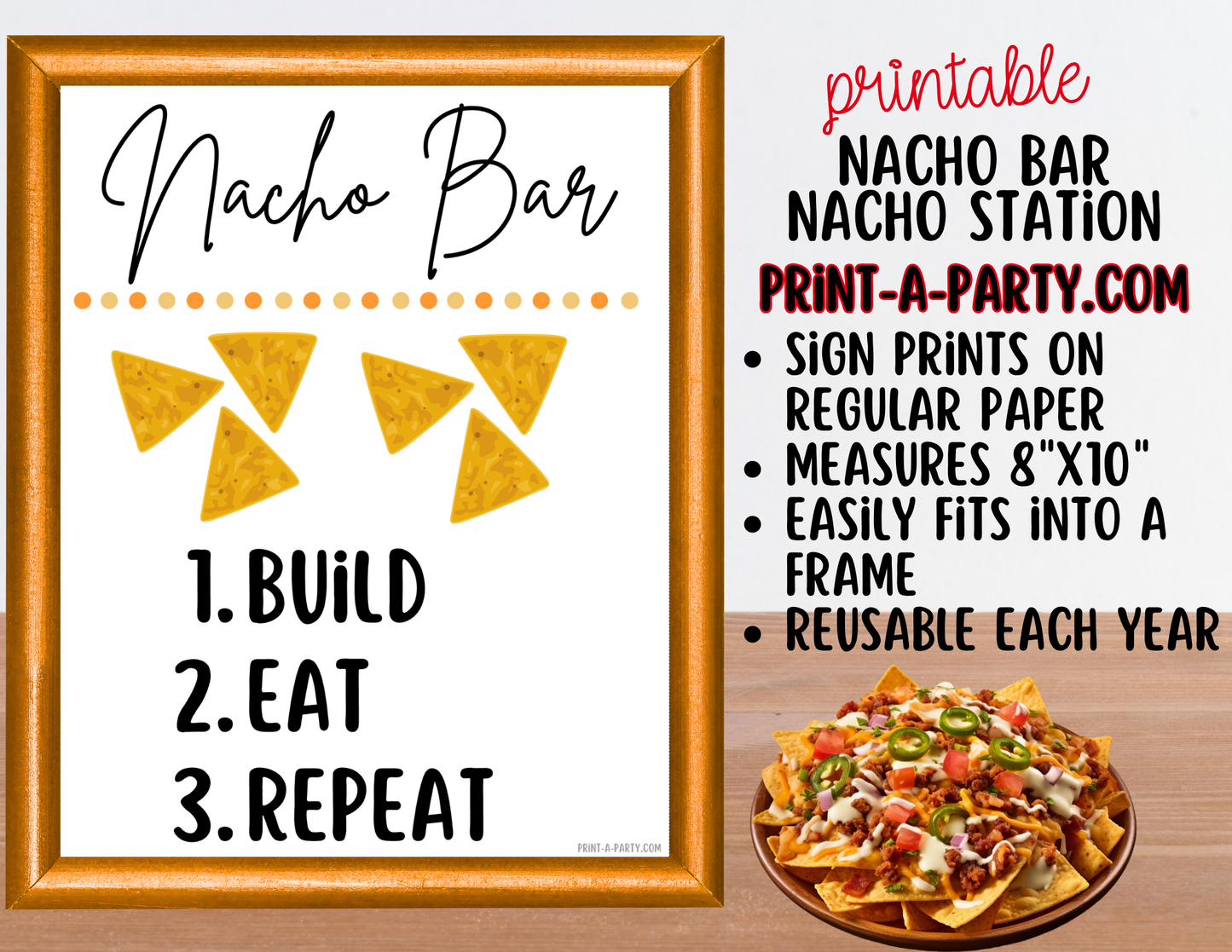 Nacho Bar Printable Sign (8x10) & Topping Tent Cards - Party Buffet Decor