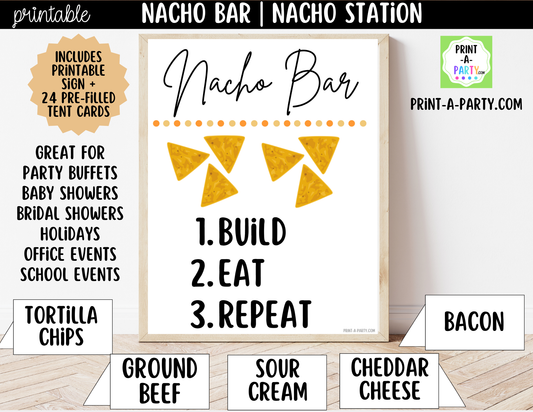 Nacho Bar Printable Sign (8x10) & Topping Tent Cards - Party Buffet Decor