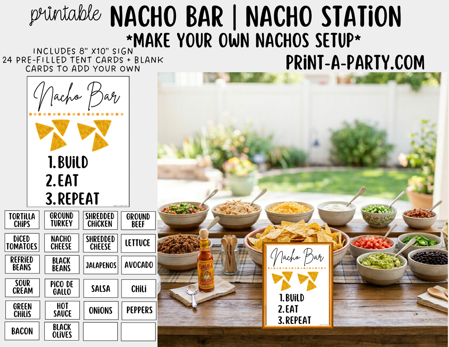 Nacho Bar Printable Sign (8x10) & Topping Tent Cards - Party Buffet Decor