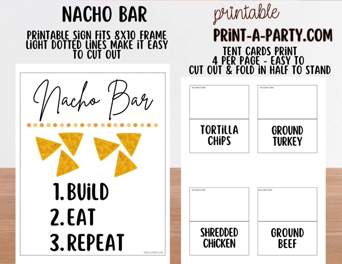 Nacho Bar Printable Sign (8x10) & Topping Tent Cards - Party Buffet Decor