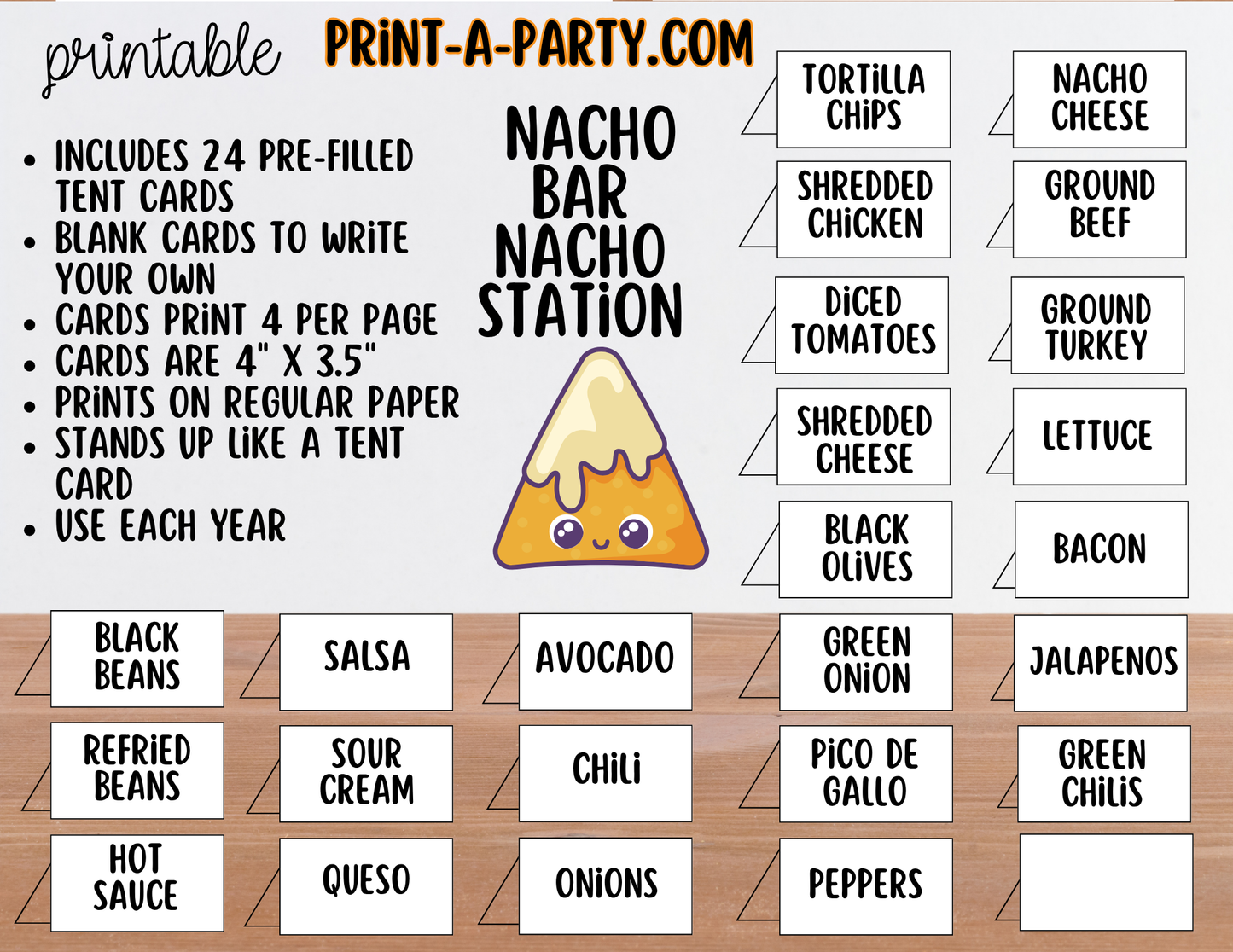 Nacho Bar Printable Sign (8x10) & Topping Tent Cards - Party Buffet Decor