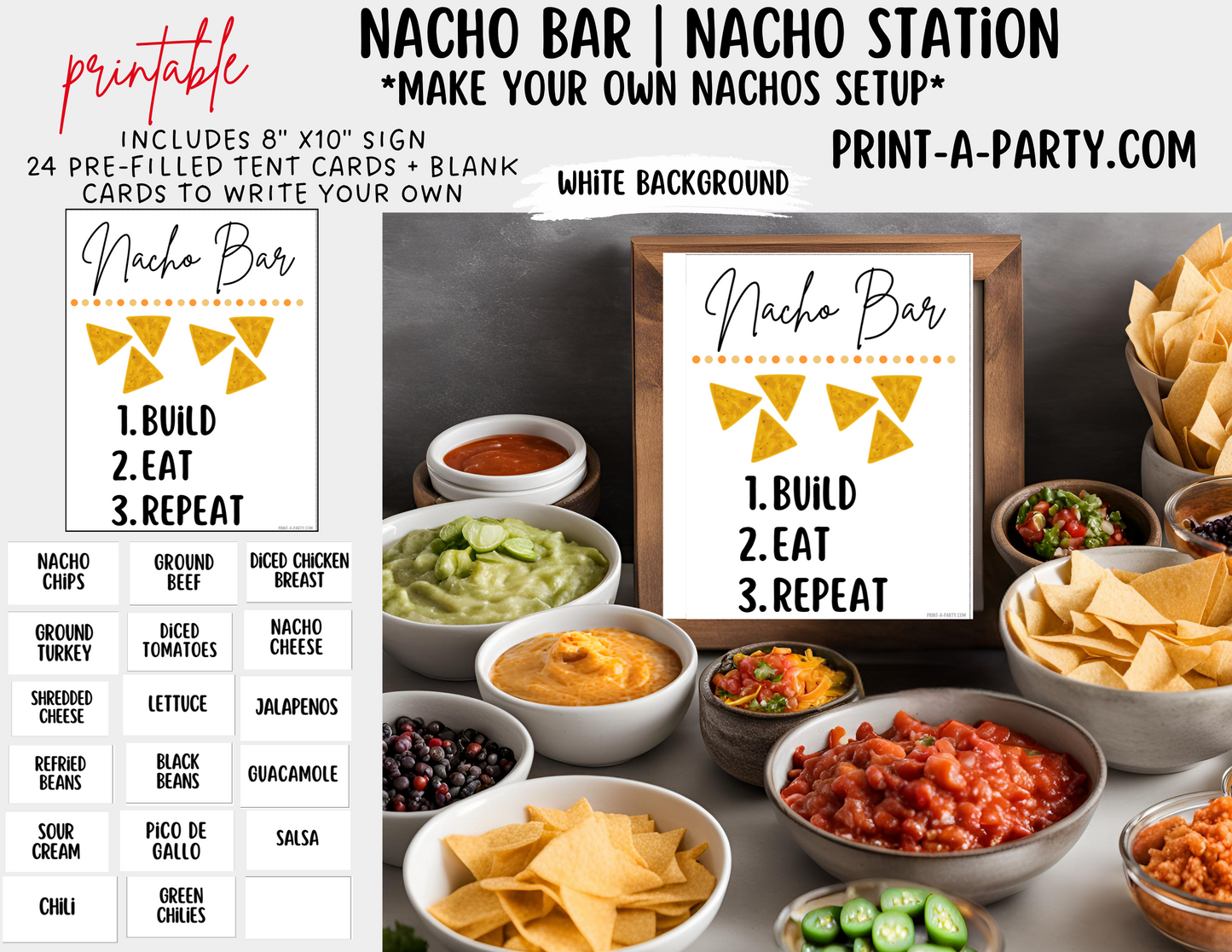 NACHO BAR | NACHO STATION Setup - White | Nacho Bar Sign | Food Station for Party | Food Bar for Party | Party | Cinco de Mayo | Shower | DIY Nacho Bar