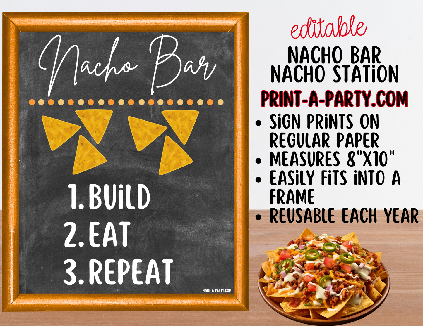 Editable Nacho Bar Sign (8x10) and Toppings Tent Cards Canva Template - Perfect for Parties, Showers and Events