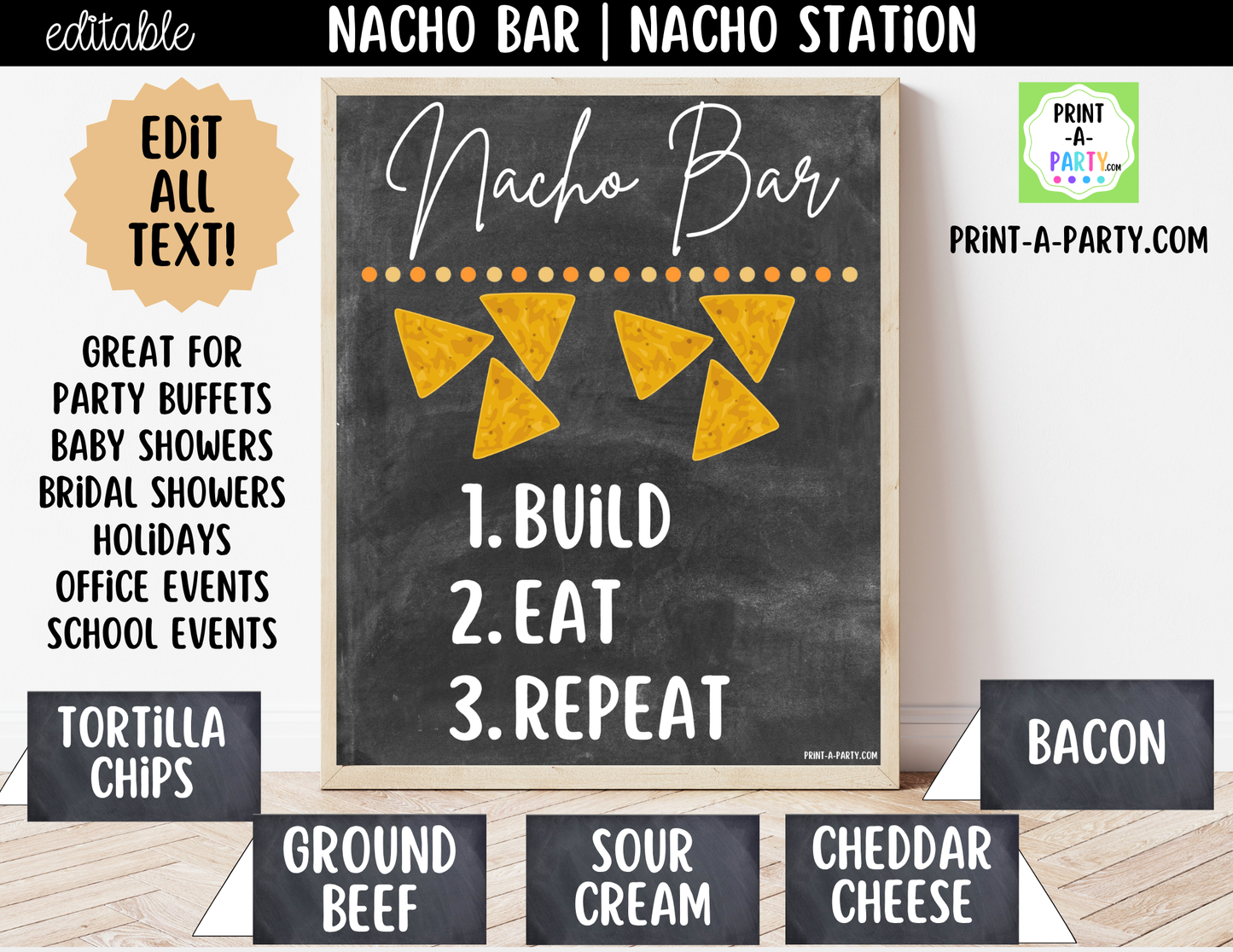 Editable Nacho Bar Sign (8x10) and Toppings Tent Cards Canva Template - Perfect for Parties, Showers and Events