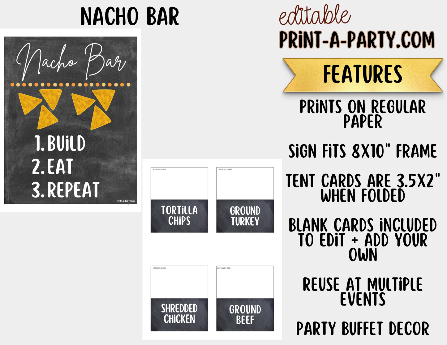 Editable Nacho Bar Sign (8x10) and Toppings Tent Cards Canva Template - Perfect for Parties, Showers and Events