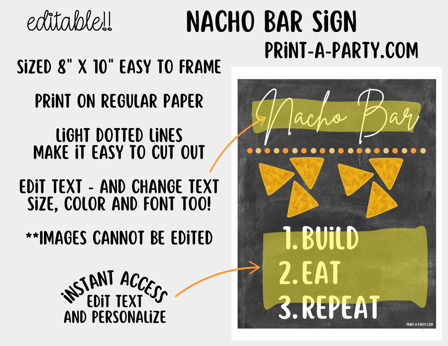 Editable Nacho Bar Sign (8x10) and Toppings Tent Cards Canva Template - Perfect for Parties, Showers and Events