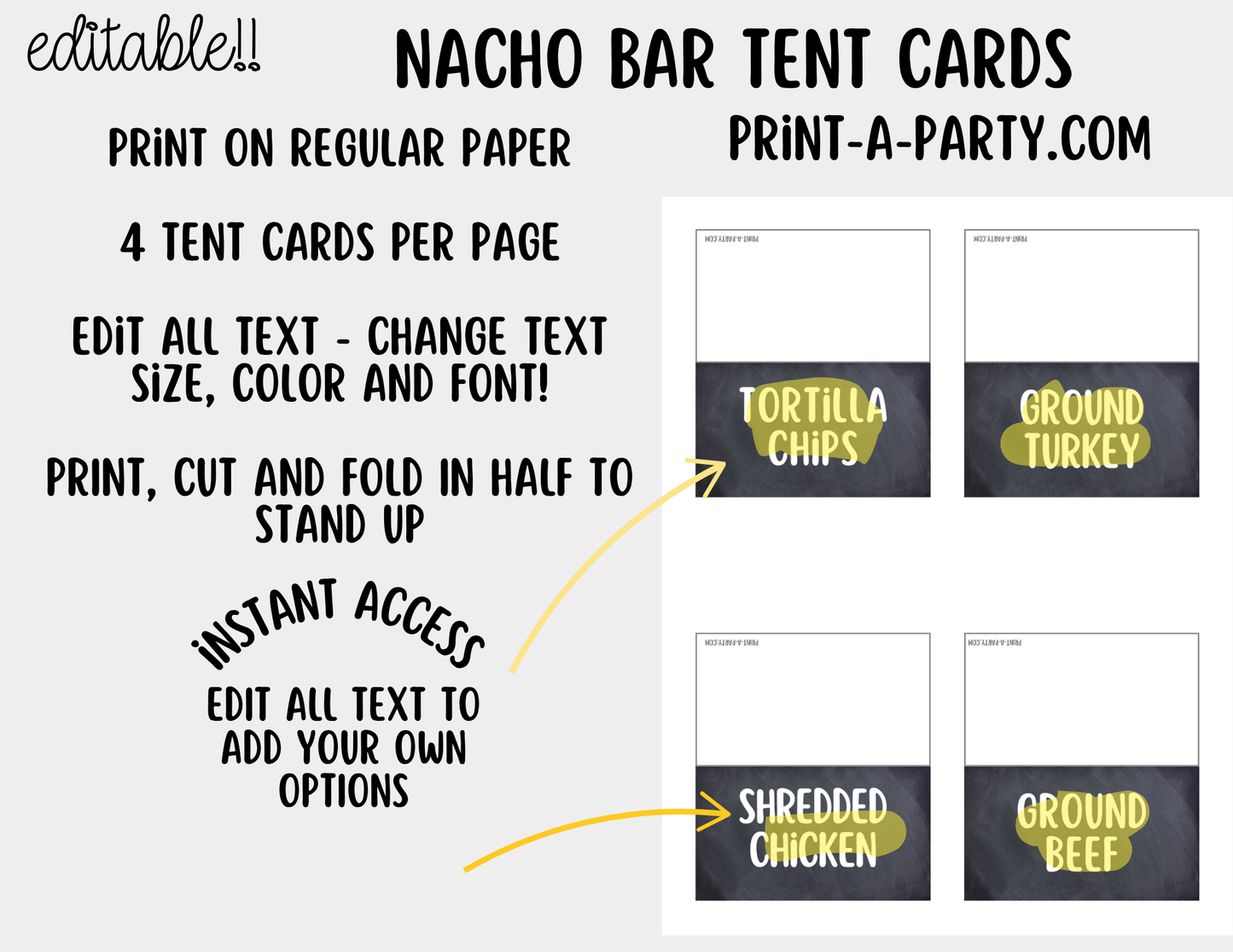 Editable Nacho Bar Sign (8x10) and Toppings Tent Cards Canva Template - Perfect for Parties, Showers and Events