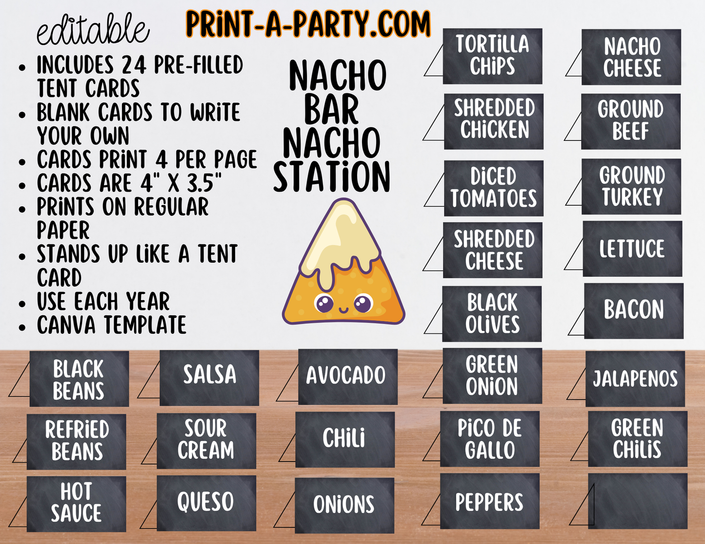 Editable Nacho Bar Sign (8x10) and Toppings Tent Cards Canva Template - Perfect for Parties, Showers and Events
