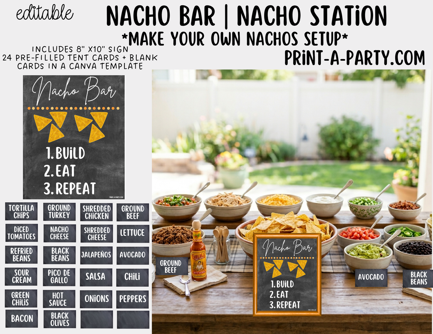 Editable Nacho Bar Sign (8x10) and Toppings Tent Cards Canva Template - Perfect for Parties, Showers and Events