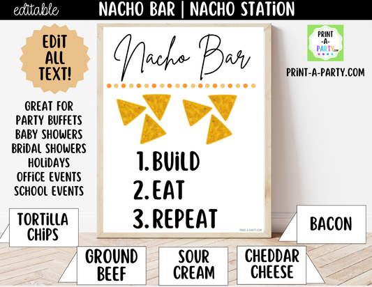 Editable Nacho Bar Sign (8x10) and Toppings Tent Cards Canva Template - Perfect for Parties, Showers and Events