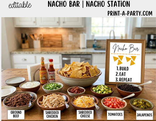 Editable Nacho Bar Sign (8x10) and Toppings Tent Cards Canva Template - Perfect for Parties, Showers and Events
