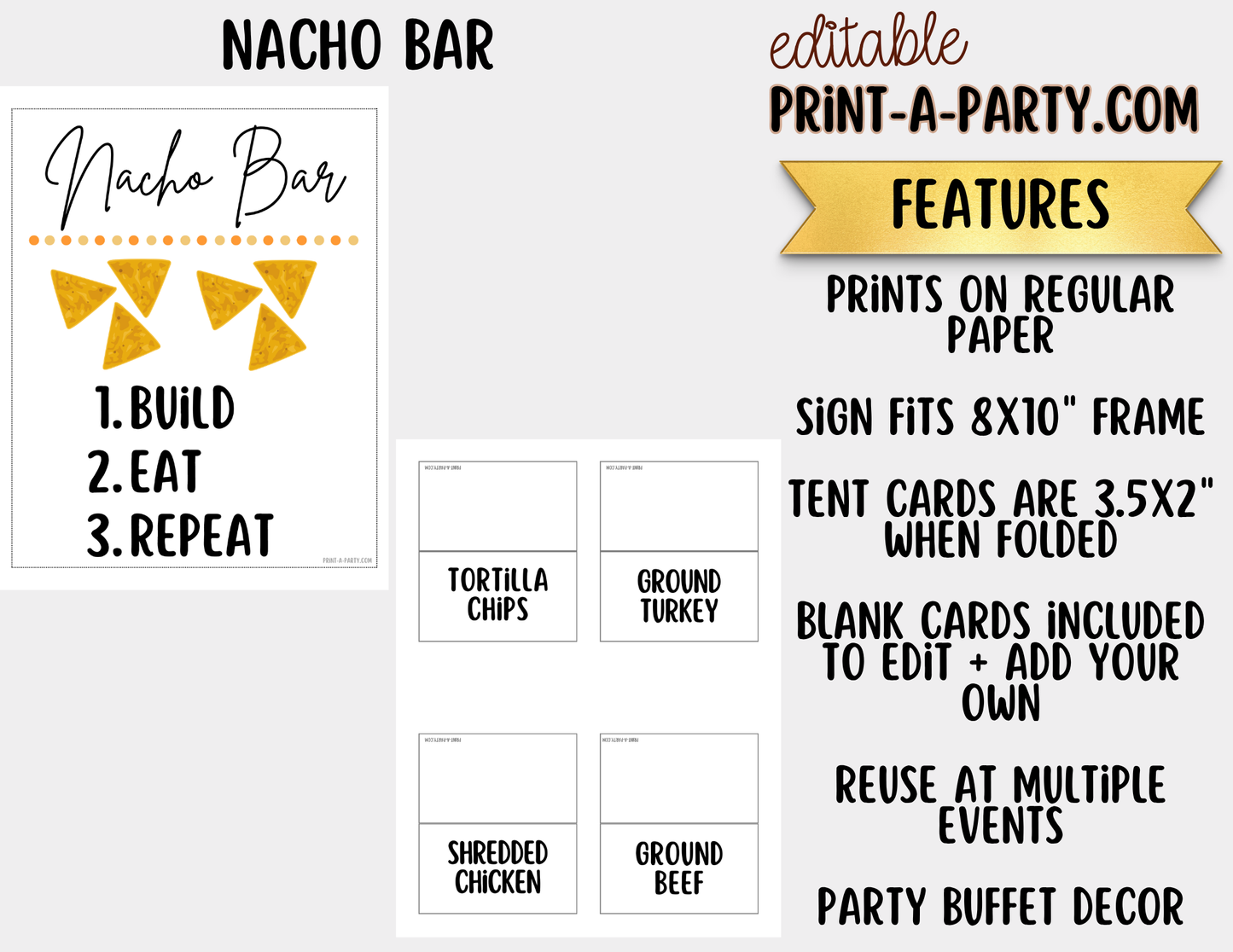 Editable Nacho Bar Sign (8x10) and Toppings Tent Cards Canva Template - Perfect for Parties, Showers and Events