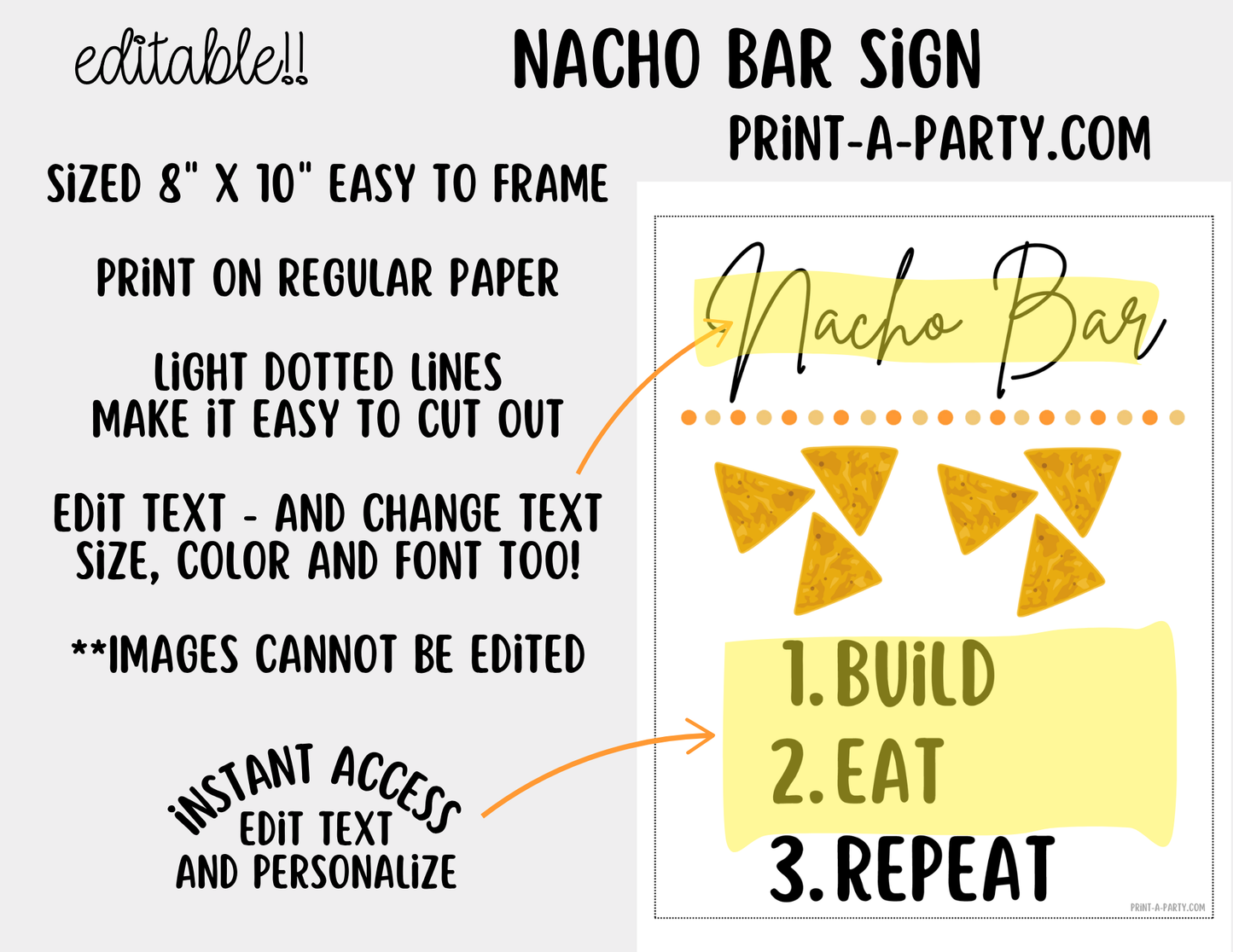Editable Nacho Bar Sign (8x10) and Toppings Tent Cards Canva Template - Perfect for Parties, Showers and Events