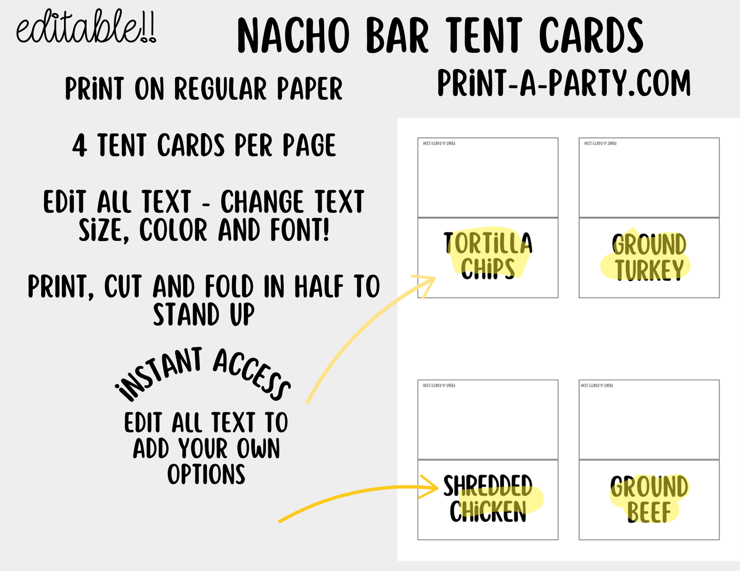 Editable Nacho Bar Sign (8x10) and Toppings Tent Cards Canva Template - Perfect for Parties, Showers and Events
