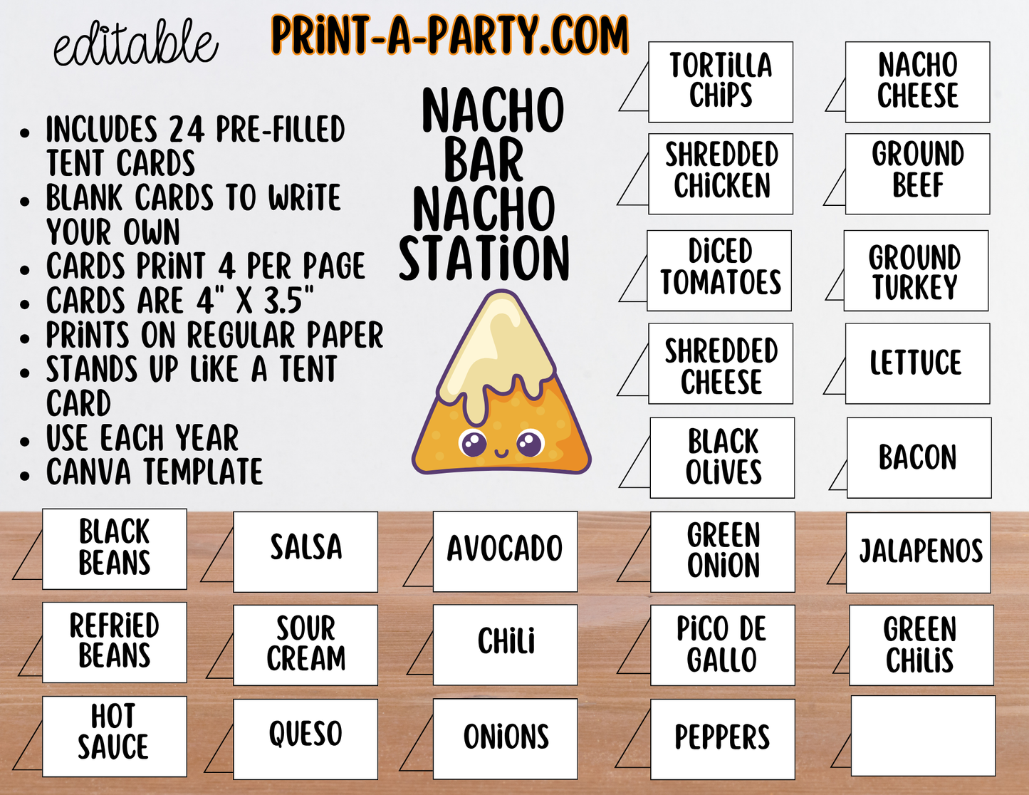 Editable Nacho Bar Sign (8x10) and Toppings Tent Cards Canva Template - Perfect for Parties, Showers and Events