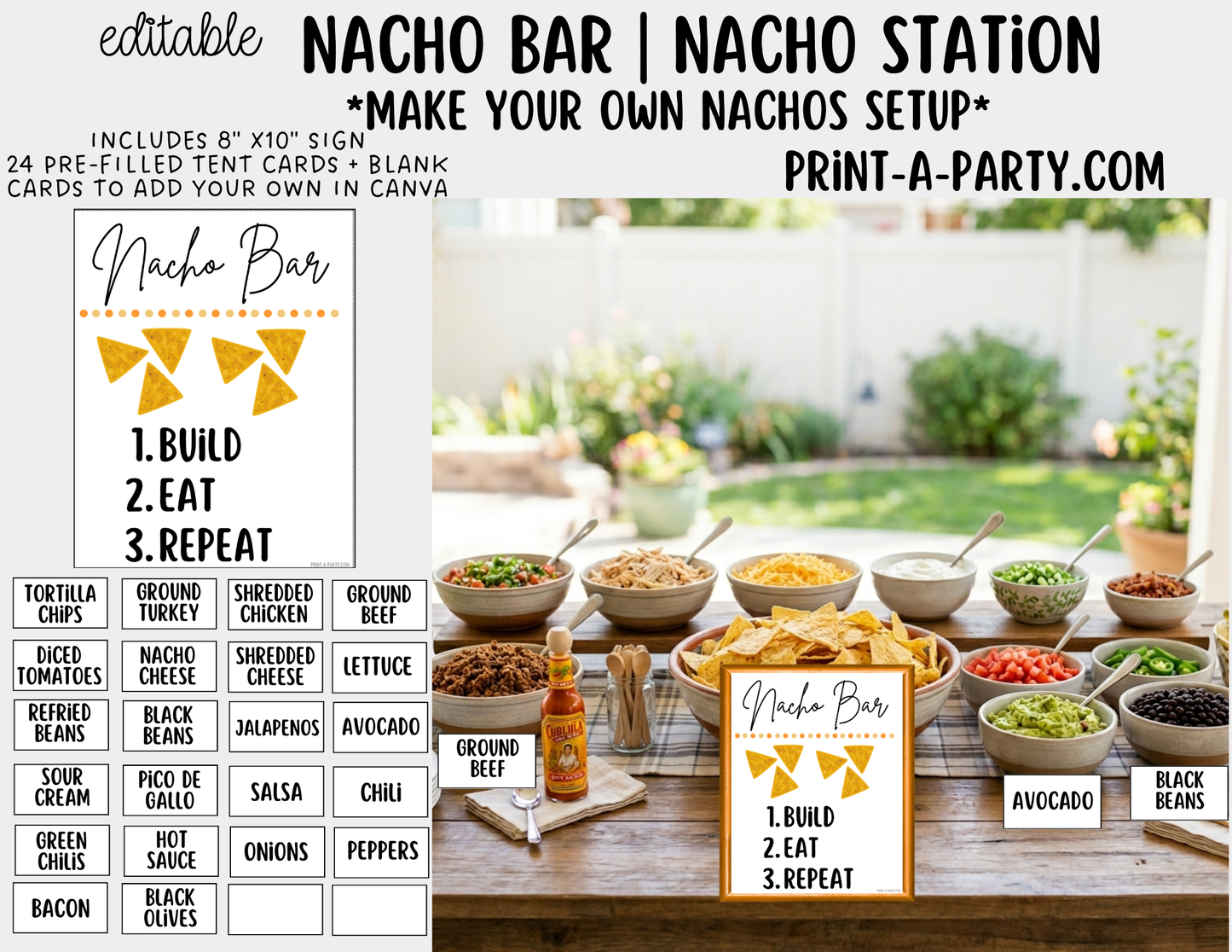 Editable Nacho Bar Sign (8x10) and Toppings Tent Cards Canva Template - Perfect for Parties, Showers and Events
