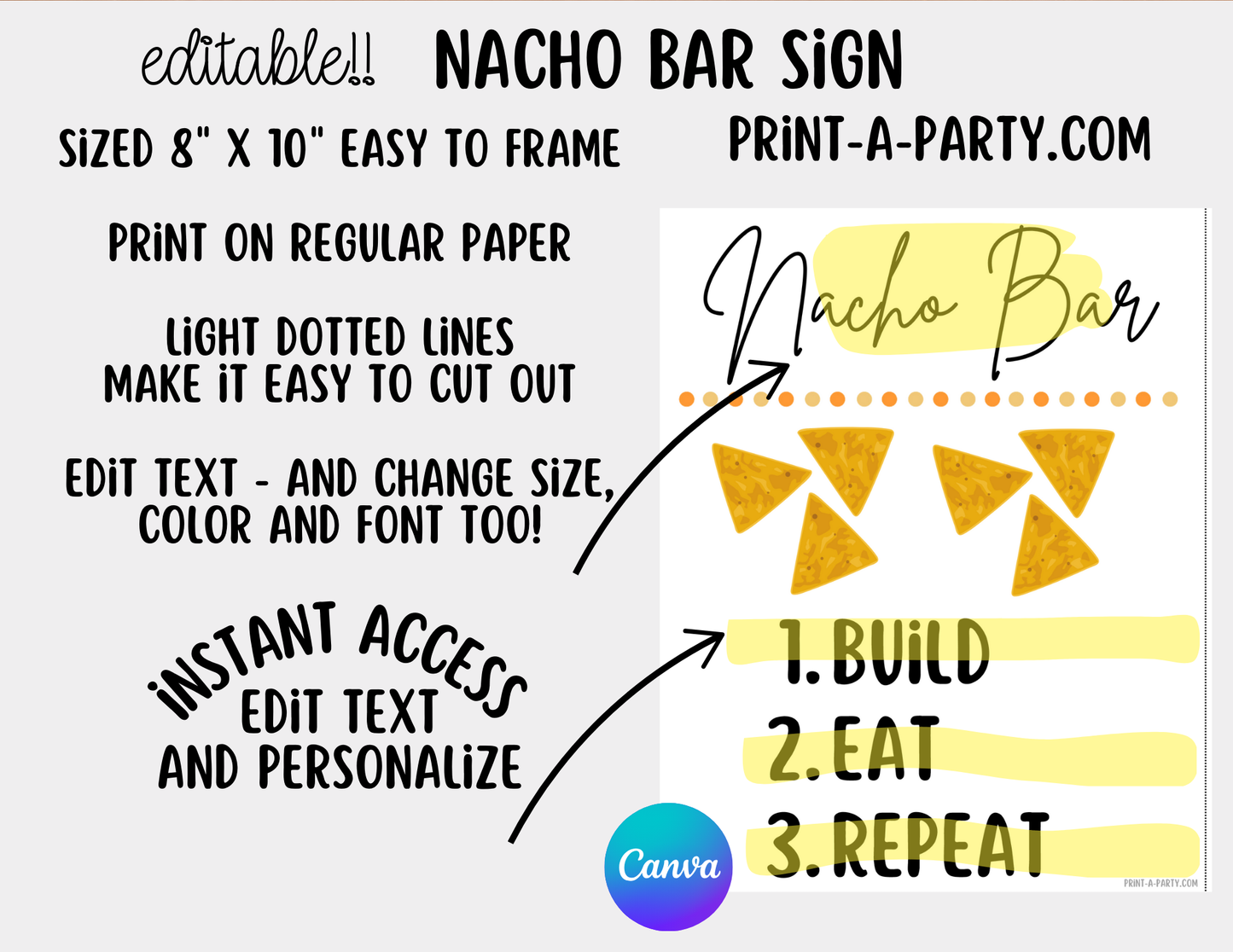 EDITABLE NACHO BAR | NACHO STATION Setup - WHITE | Make your own Nachos Sign | Nacho Buffet Station Setup for parties, events, office, holidays and more!