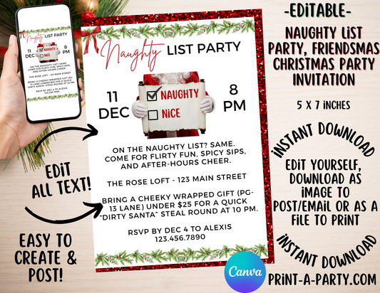 NAUGHTY LIST PARTY - Editable Naughty List Christmas Party Invitation – Fun Adult Holiday Invite Template