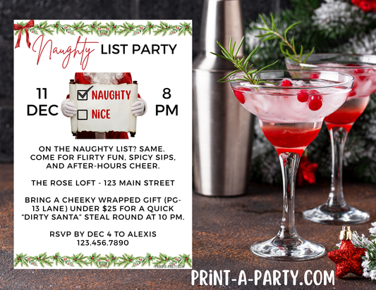 NAUGHTY LIST PARTY - Editable Naughty List Christmas Party Invitation – Fun Adult Holiday Invite Template