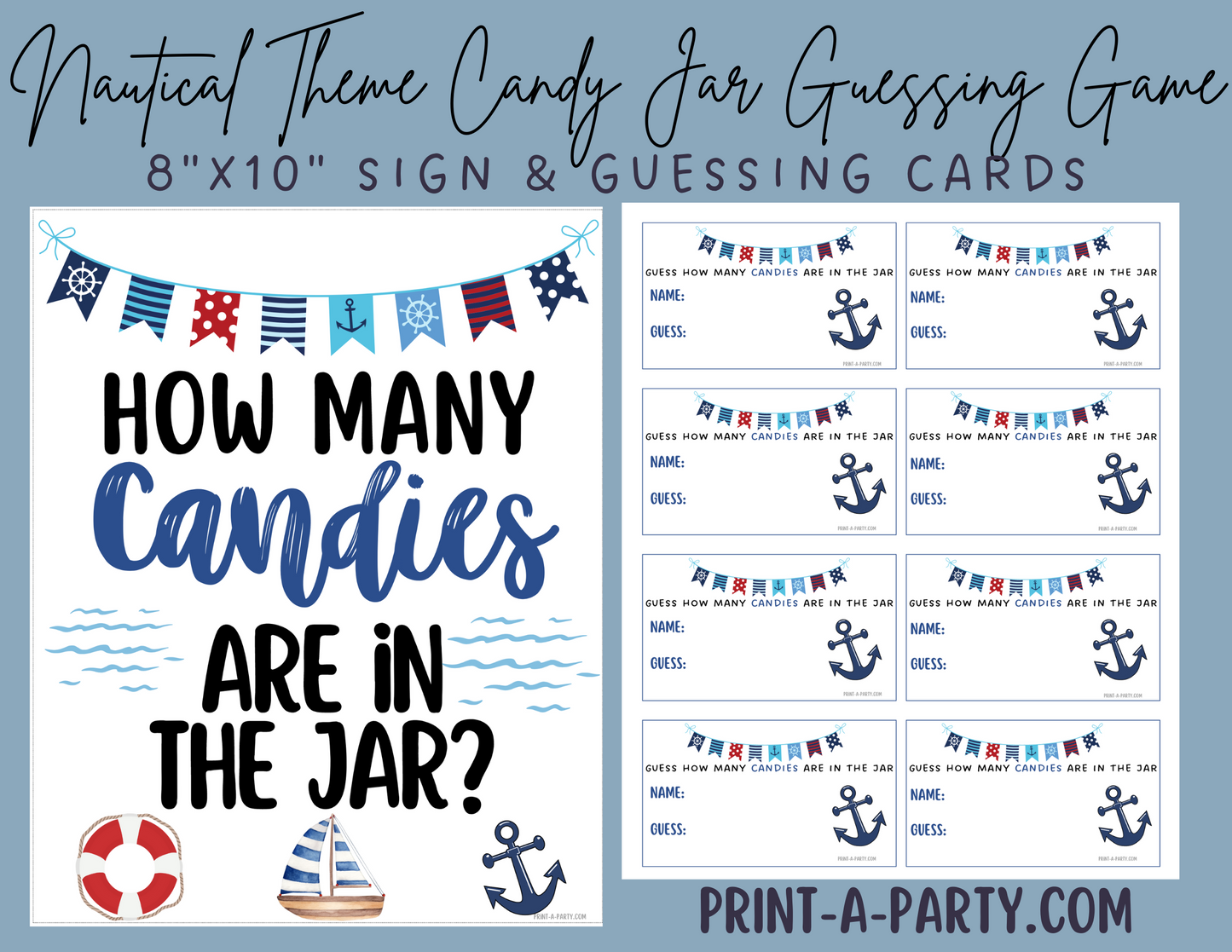 CANDY JAR GUESSING GAME | How many candies in jar | Nautical Theme | Baby Shower Game | Nautical Baby Shower | Nautical Party | Printable