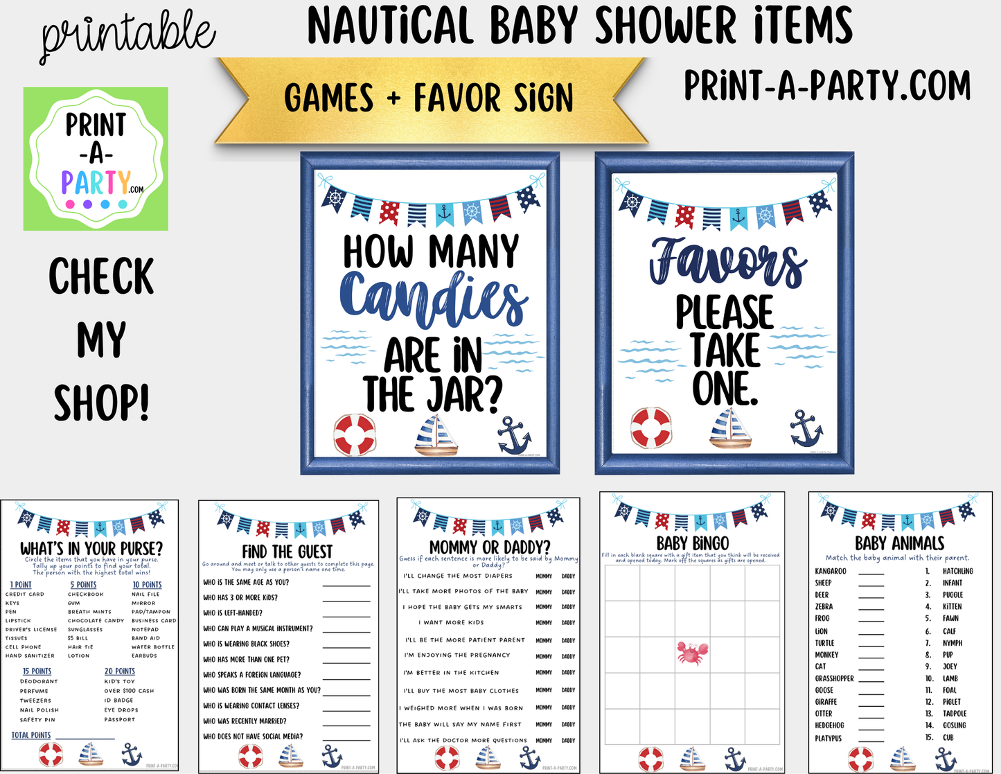 Nautical Candy Jar Guessing Game Printable Sign (8x10) + Guessing Cards - For Baby Shower or events