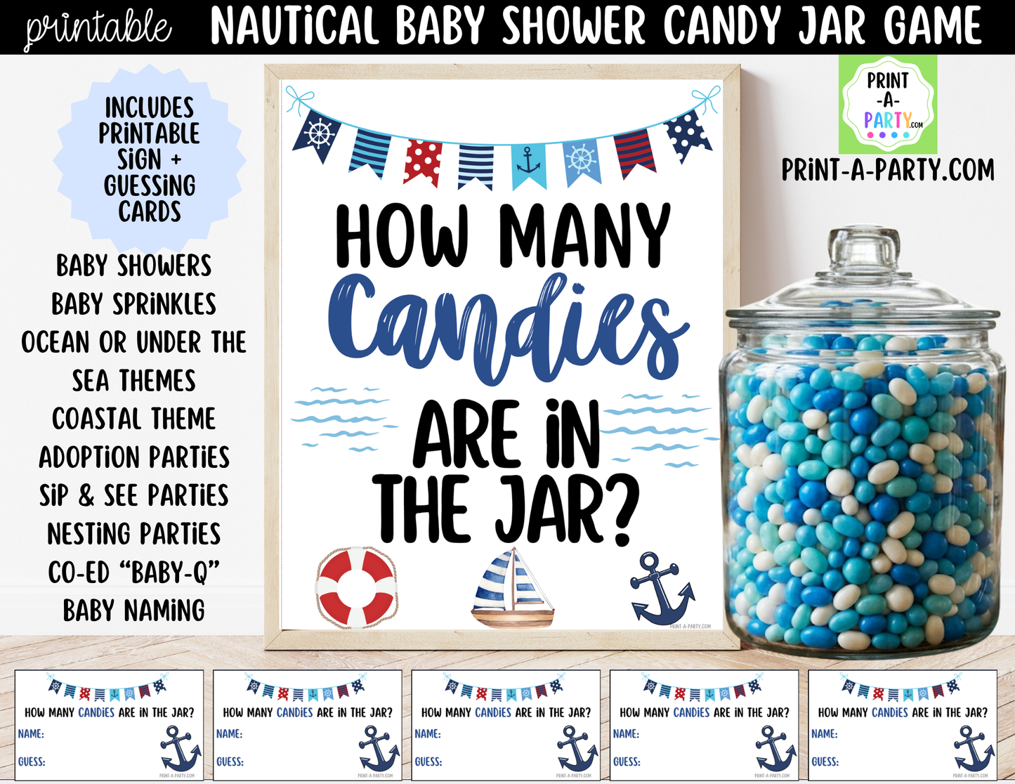 Nautical Candy Jar Guessing Game Printable Sign (8x10) + Guessing Cards - For Baby Shower or events