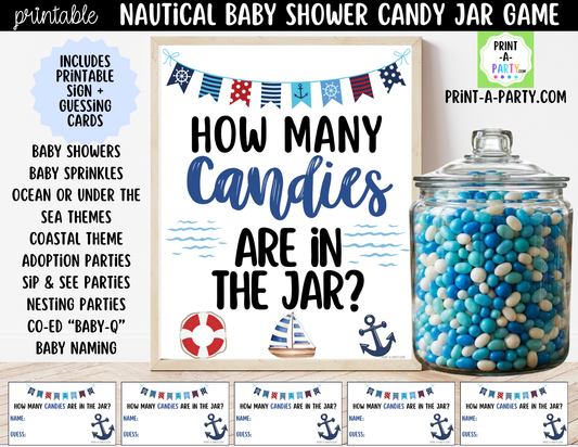 Nautical Candy Jar Guessing Game Printable Sign (8x10) + Guessing Cards - For Baby Shower or events