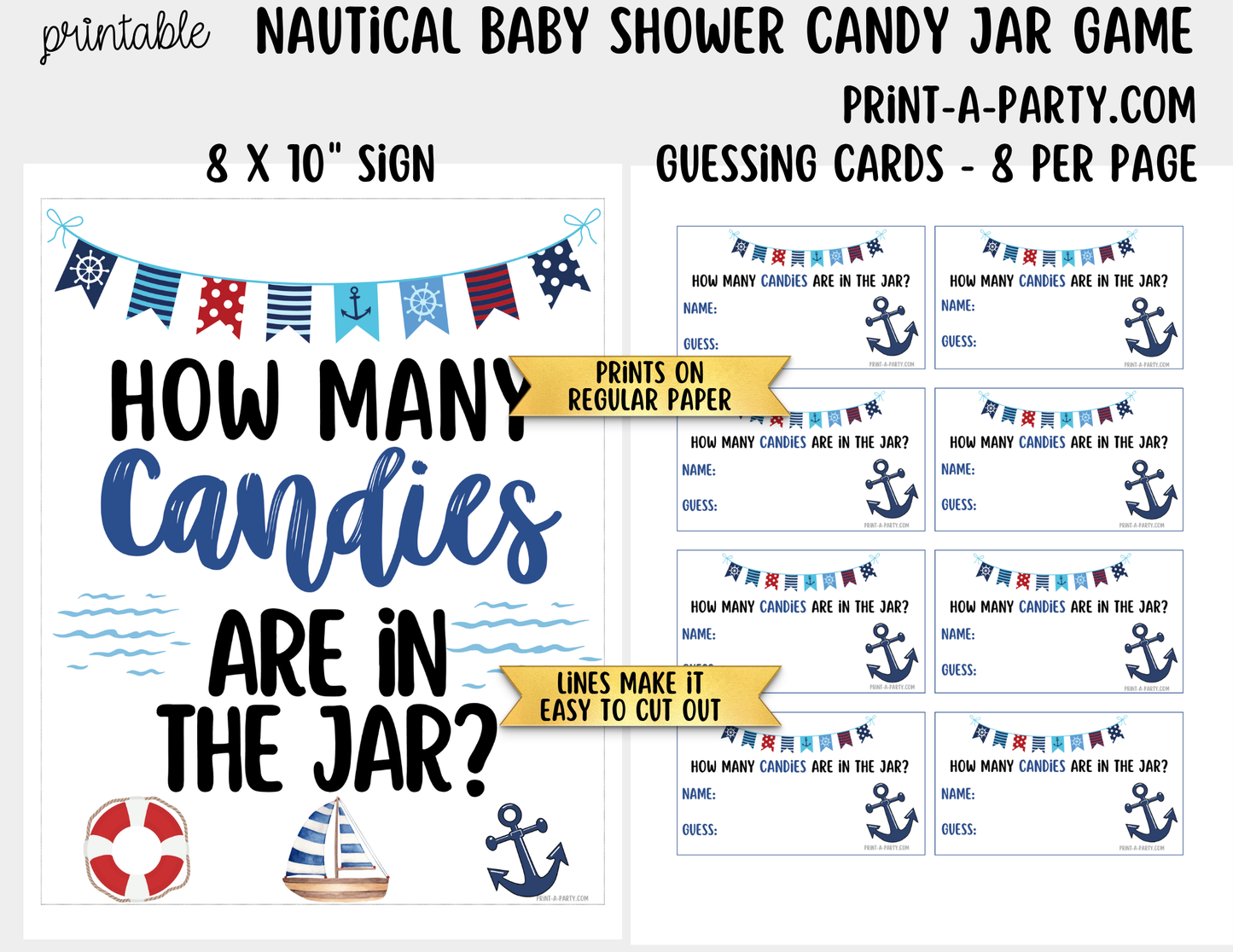 Nautical Candy Jar Guessing Game Printable Sign (8x10) + Guessing Cards - For Baby Shower or events