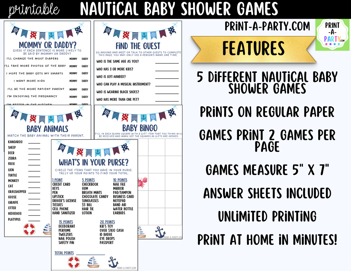 Nautical Baby Shower Games Printable | Sailor & Coastal Bundle