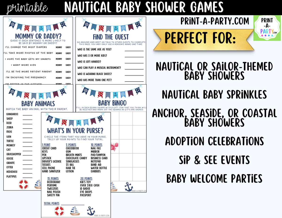 Nautical Baby Shower Games Printable | Sailor & Coastal Bundle