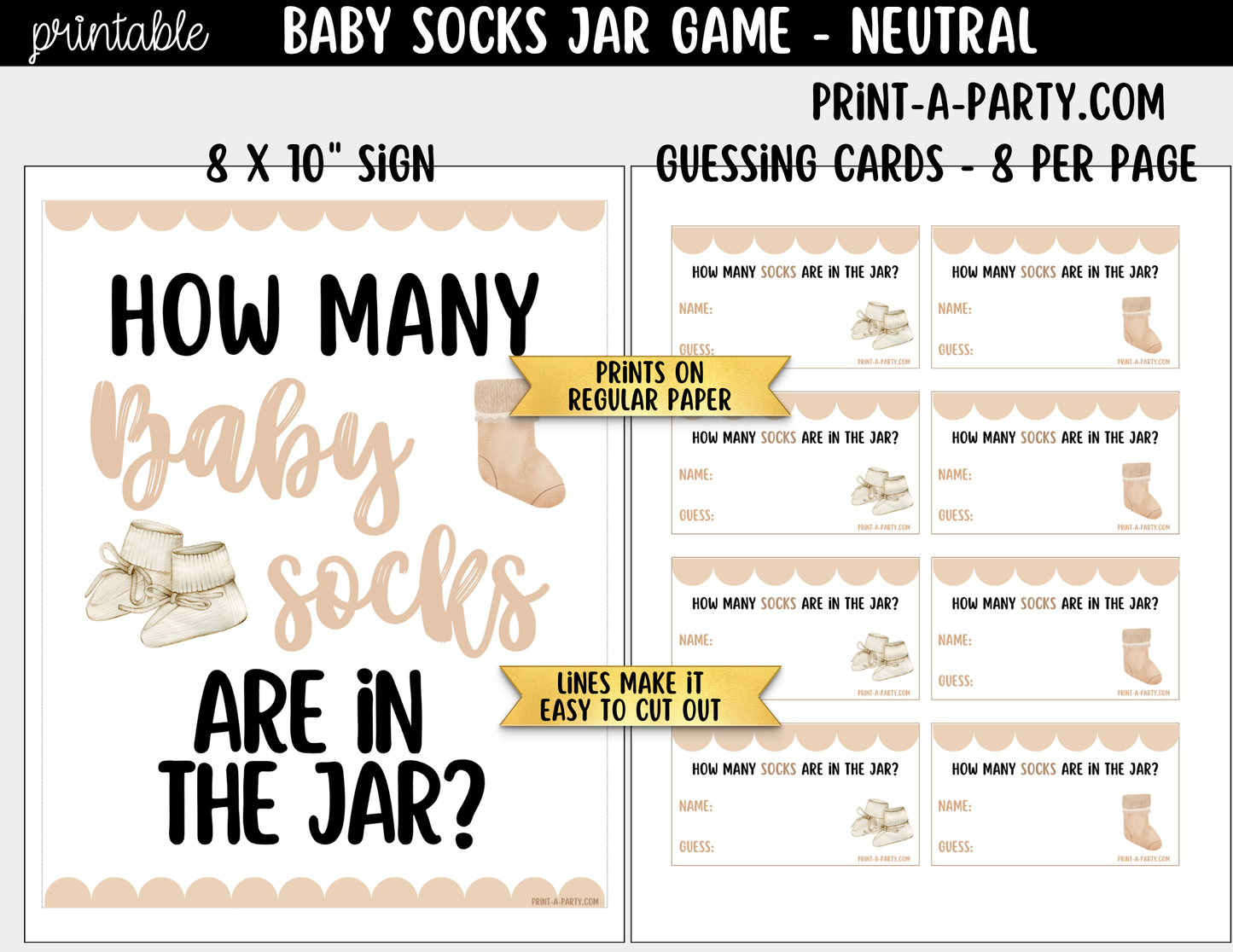 Baby Socks Jar Guessing Game Printable Sign (8x10) & Guessing Cards for Neutral or Boho Baby Events
