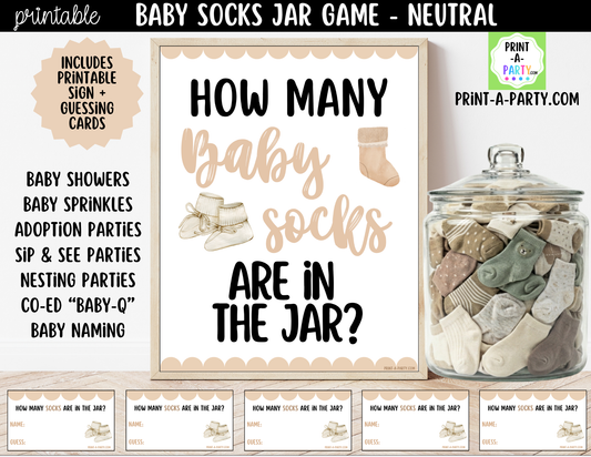Baby Socks Jar Guessing Game Printable Sign (8x10) & Guessing Cards for Neutral or Boho Baby Events