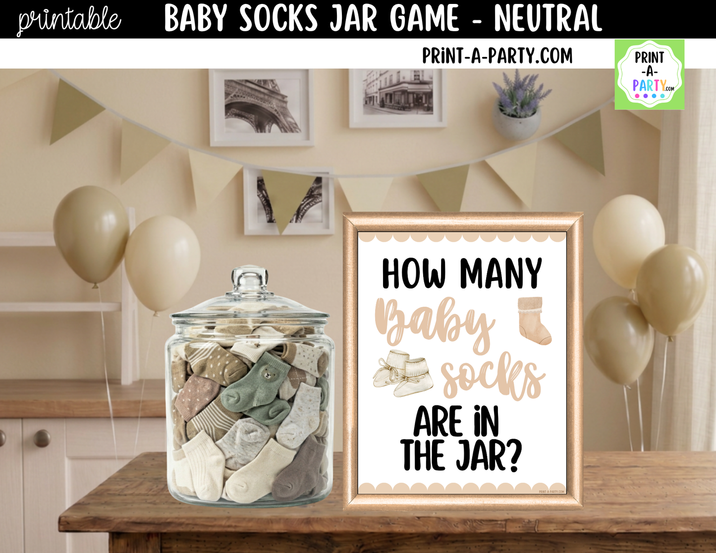 Baby Socks Jar Guessing Game Printable Sign (8x10) & Guessing Cards for Neutral or Boho Baby Events