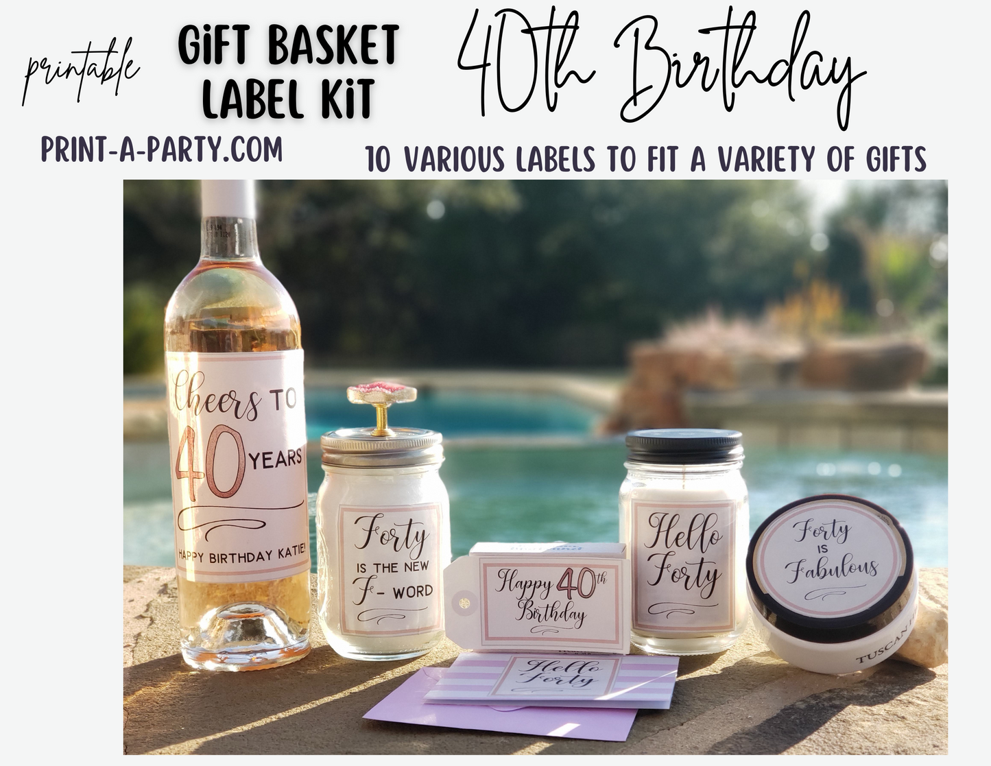 40th Birthday Gift Basket Label Kit - 10 different labels to make a great gift basket