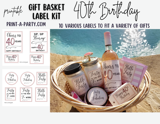 40th Birthday Gift Basket Label Kit - 10 different labels to make a great gift basket