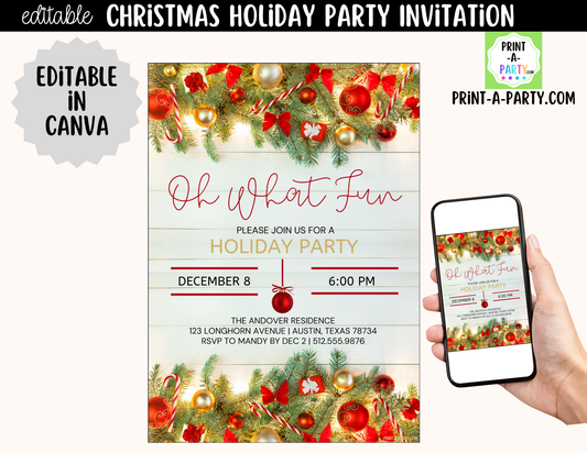 Oh What Fun Christmas Party Invitation | Editable Canva Holiday Party Invite