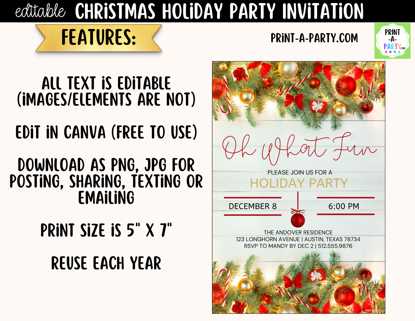 Oh What Fun Christmas Party Invitation | Editable Canva Holiday Party Invite