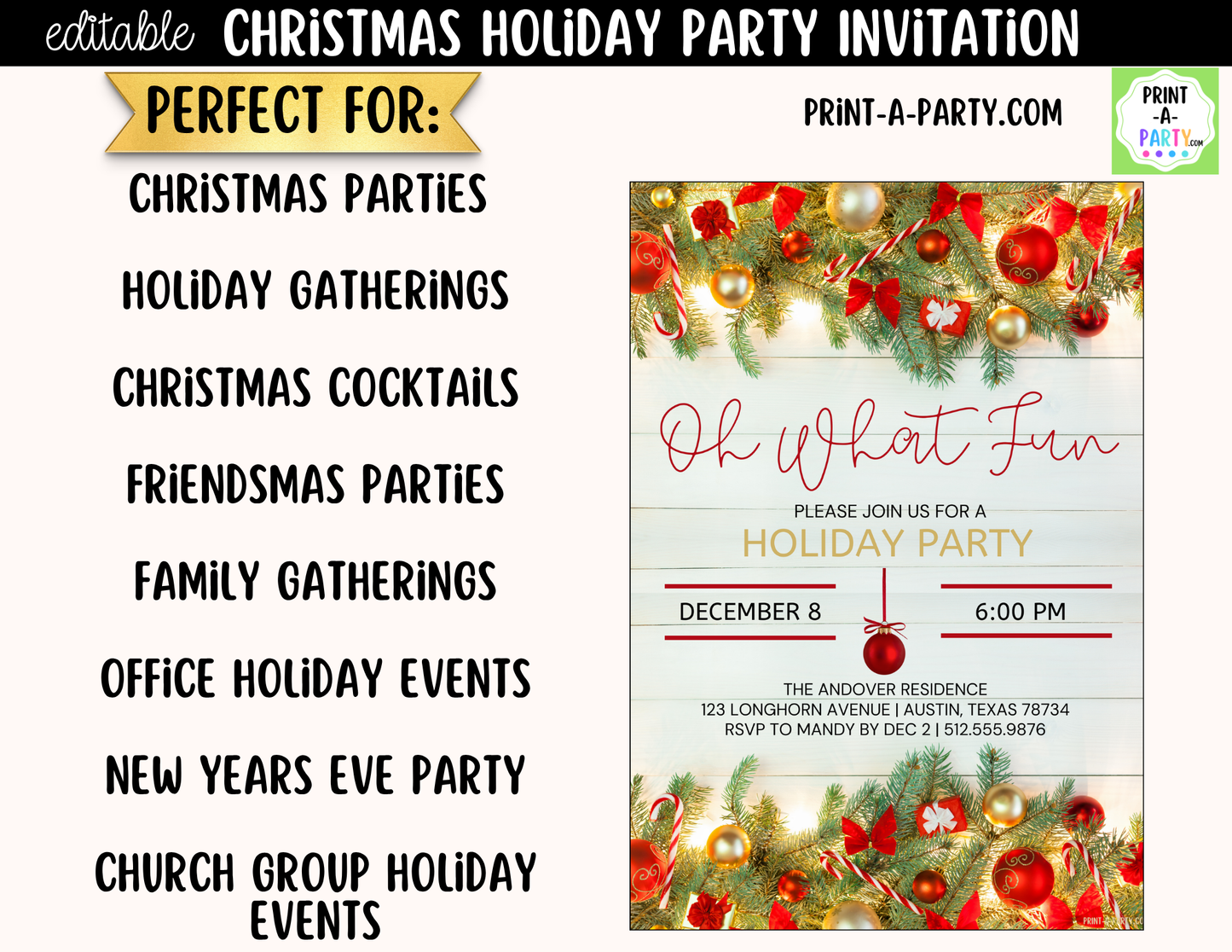 Oh What Fun Christmas Party Invitation | Editable Canva Holiday Party Invite