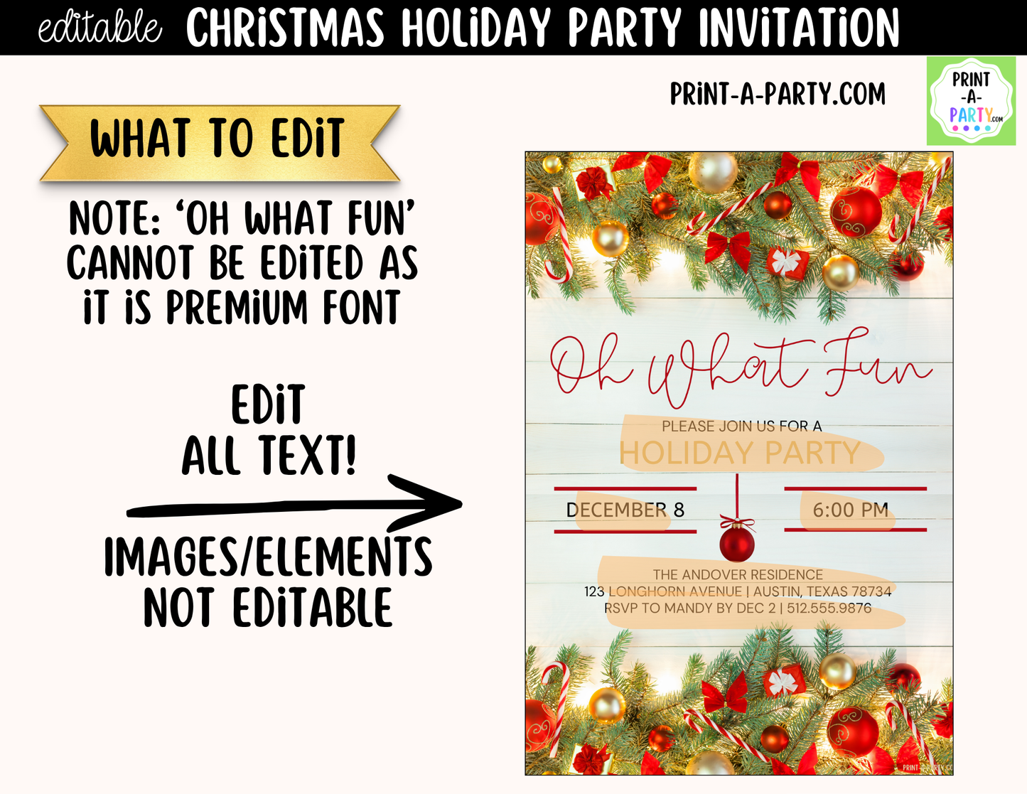 Oh What Fun Christmas Party Invitation | Editable Canva Holiday Party Invite