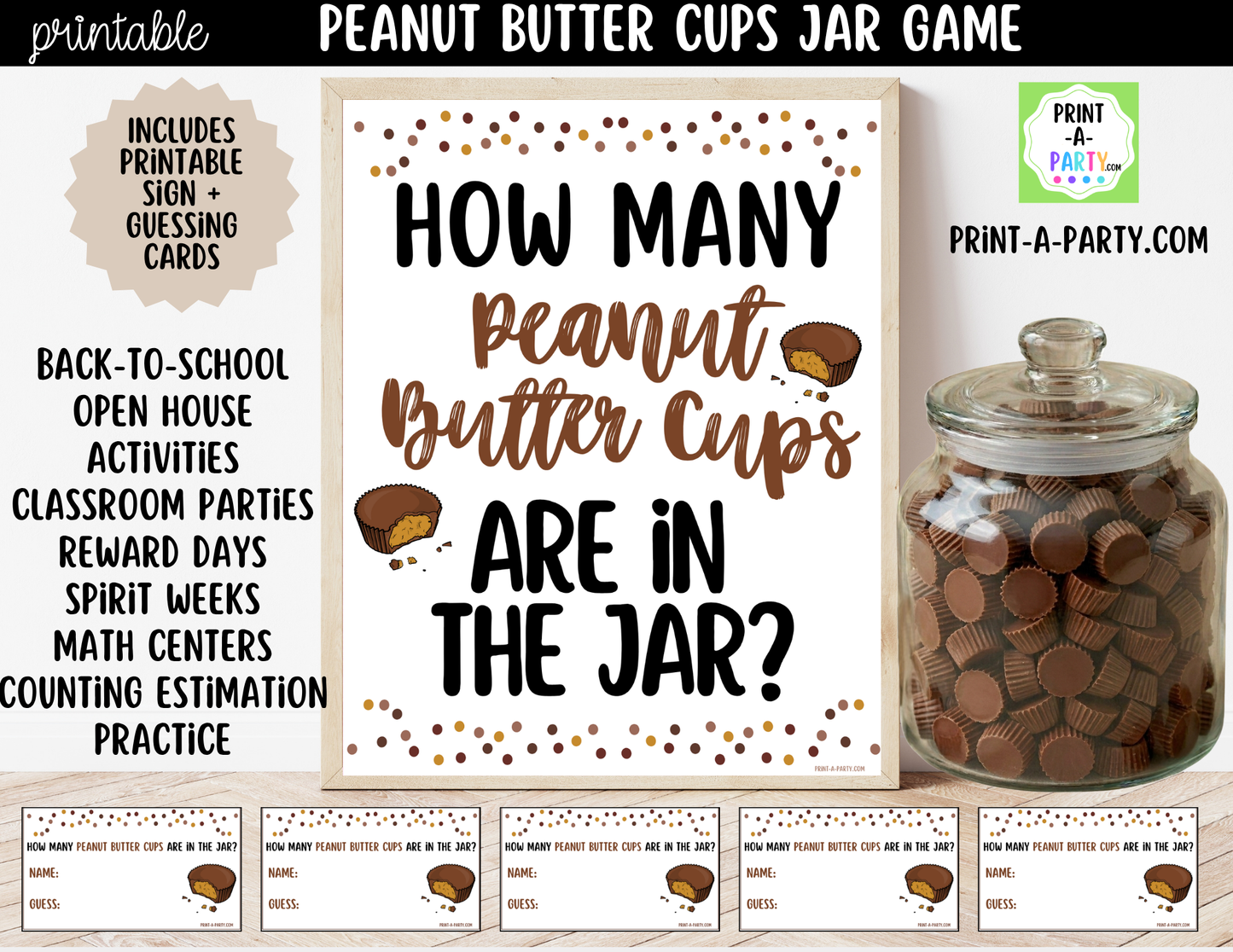 Peanut Butter Cups Jar Guessing Game Printable Sign (8x10) + Guessing Cards - Party Game Decor
