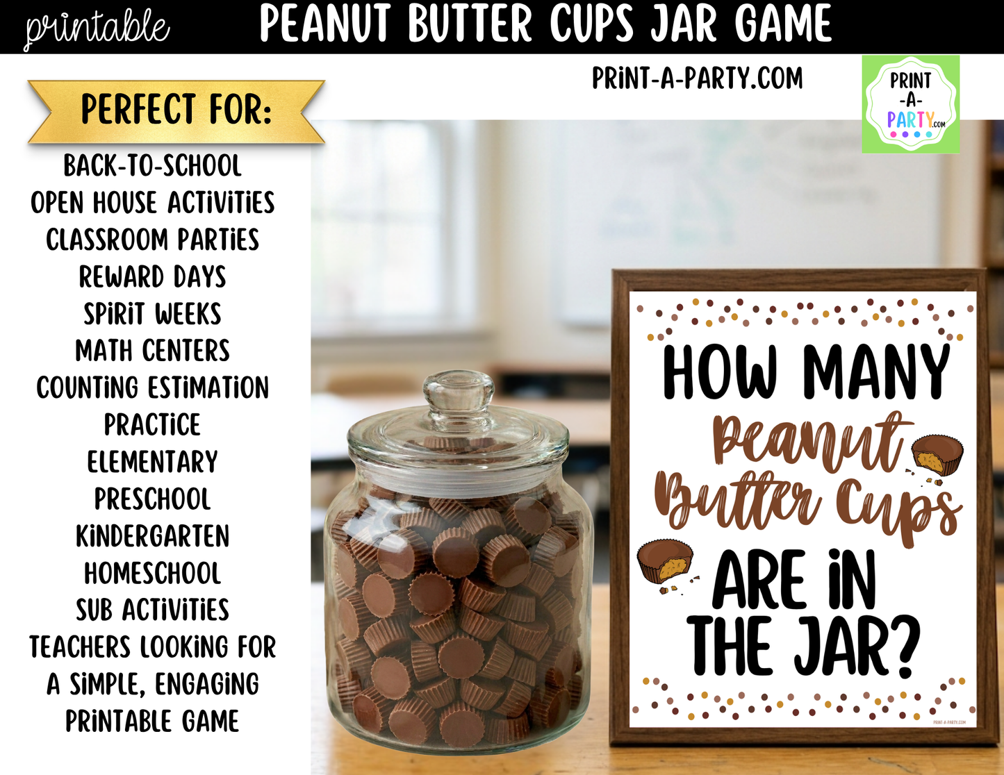 Peanut Butter Cups Jar Guessing Game Printable Sign (8x10) + Guessing Cards - Party Game Decor